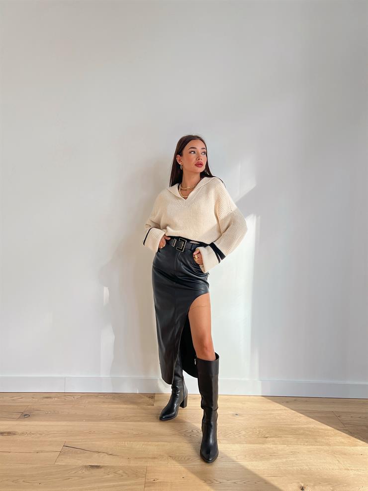 Yanları Cepli Düğme Kapamalı Agrafia Kadın Siyah Deri Etek 24k000125