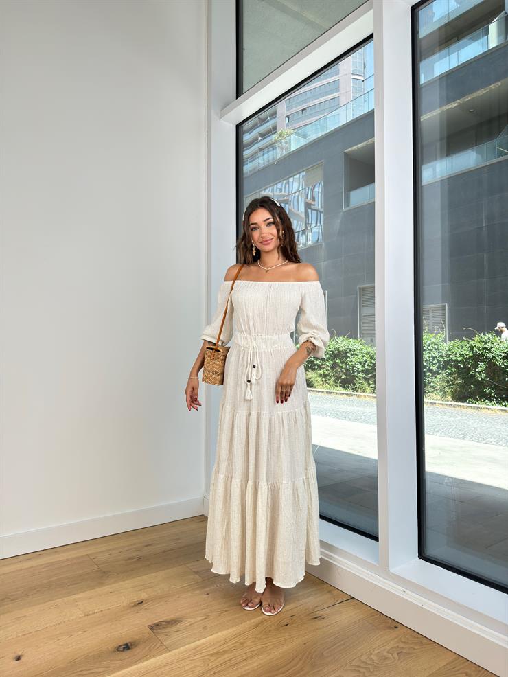 Madonna Yaka Beli Bağcıklı Agrey Kadın Bej Elbise 24Y746