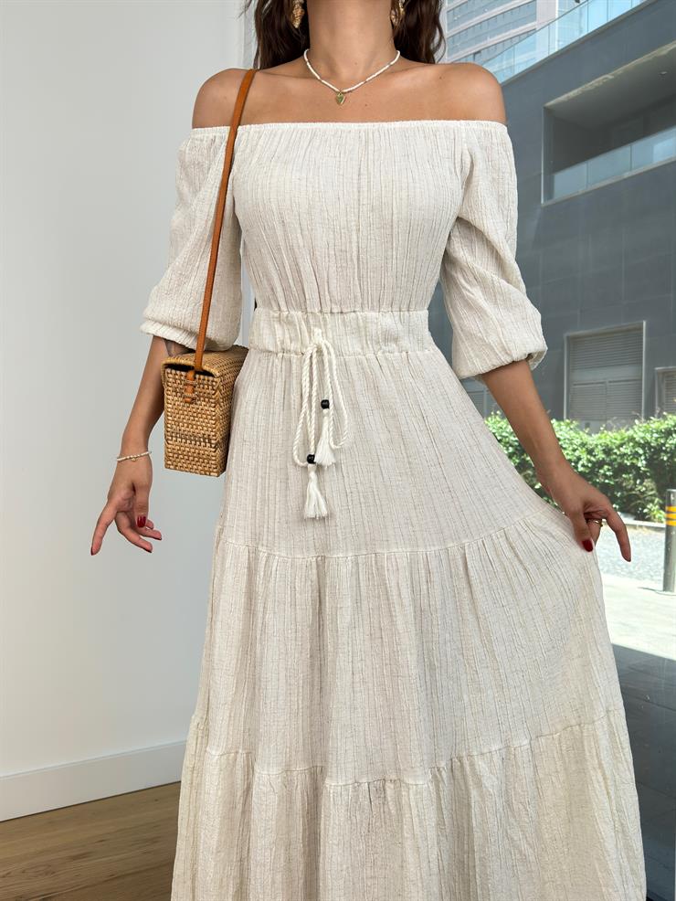 Madonna Yaka Beli Bağcıklı Agrey Kadın Bej Elbise 24Y746