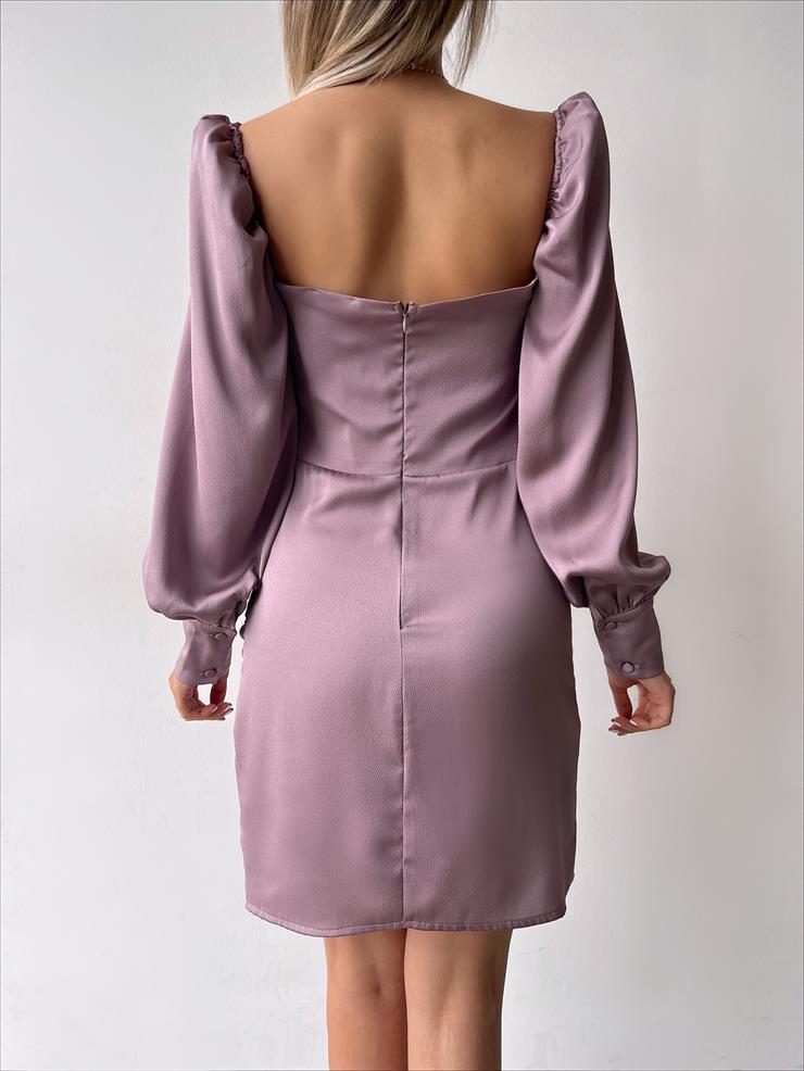 Göğüsü Büzgülü Düğme Detay Balon Kol Drape Aidenn Kadın Pudra Elbise 22Y000011