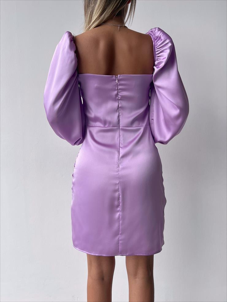 Göğüsü Büzgülü Düğme Detay Balon Kol Drape Aidenn Kadın Lila Elbise 22Y000011