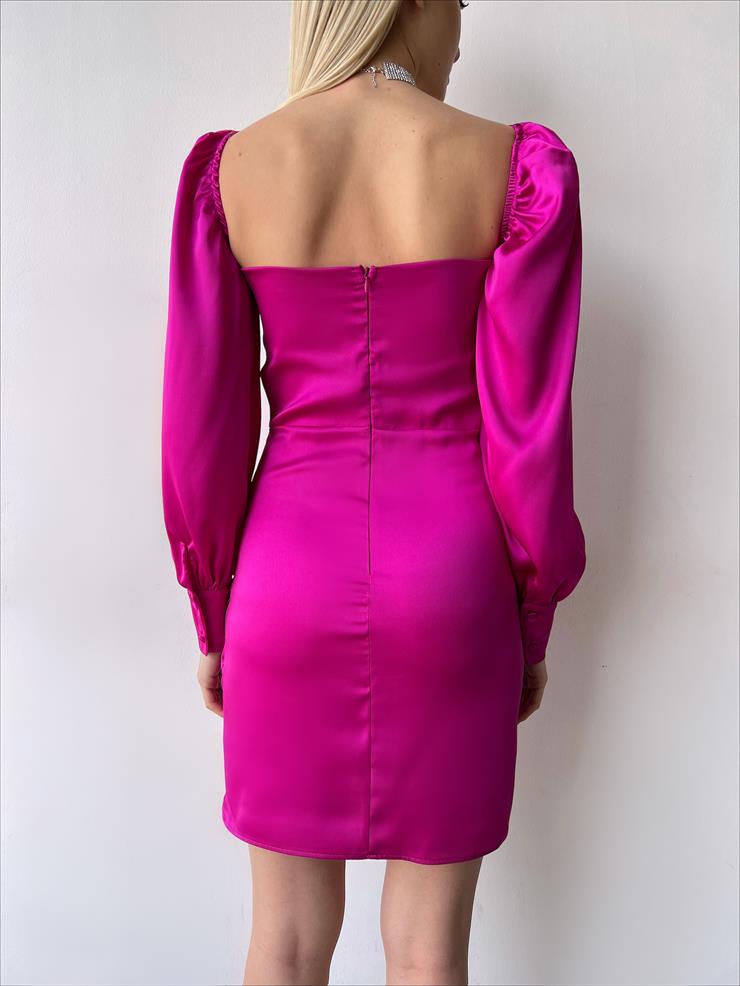 Göğüsü Büzgülü Düğme Detay Balon Kol Drape Aidenn Kadın Fuşya Elbise 22Y000011