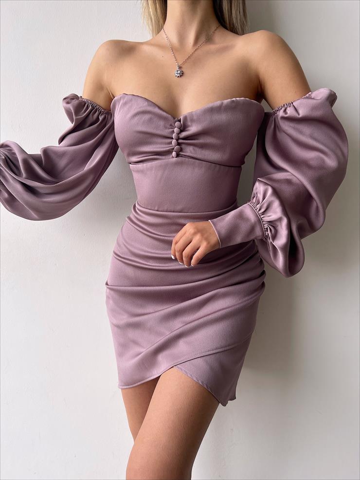 Göğüsü Büzgülü Düğme Detay Balon Kol Drape Aidenn Kadın Pudra Elbise 22Y000011