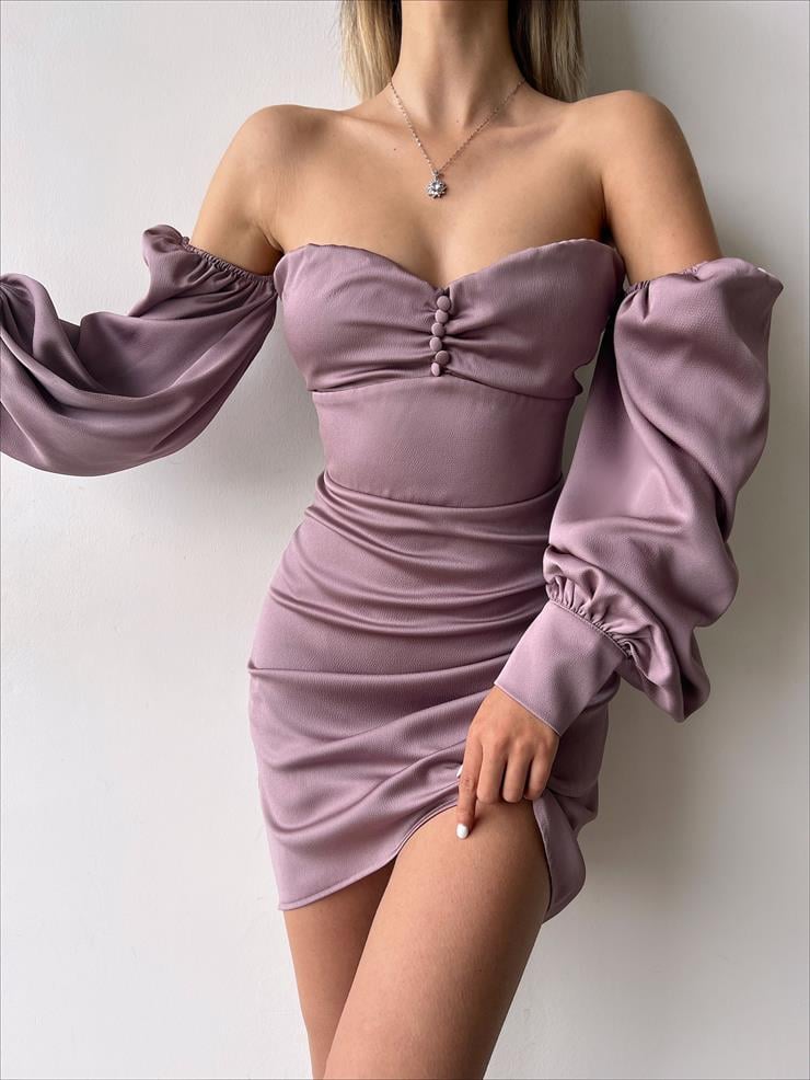 Göğüsü Büzgülü Düğme Detay Balon Kol Drape Aidenn Kadın Pudra Elbise 22Y000011