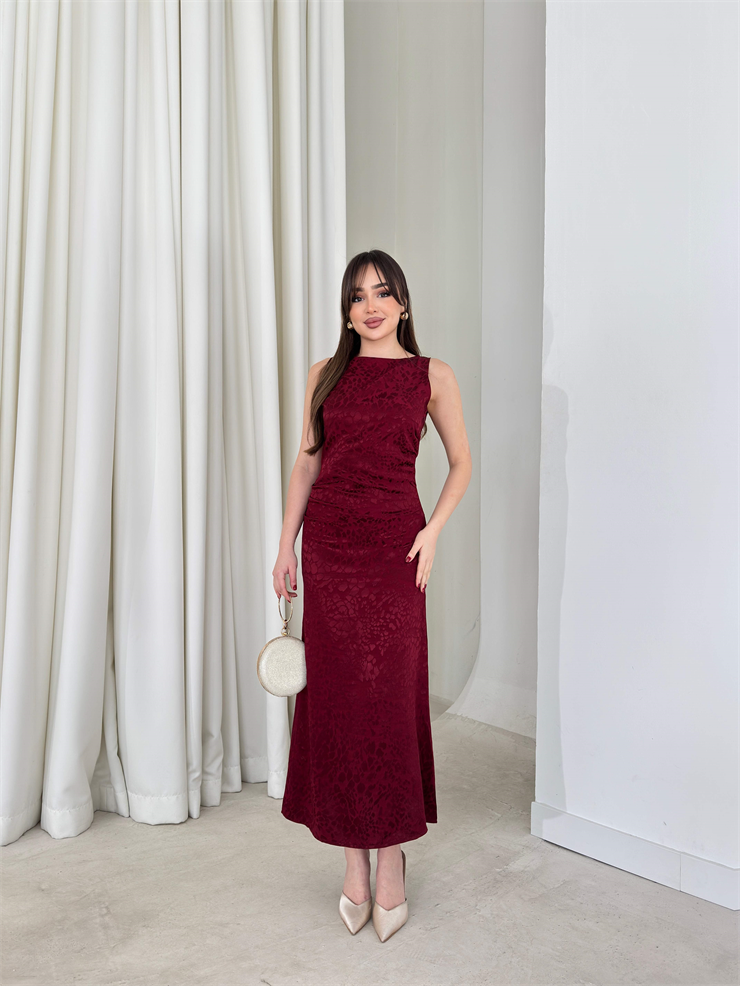 Yanları Drape Detaylı Sıfır Kol Midi Boy Bordo Aidenn Kadın Elbise 26Y134