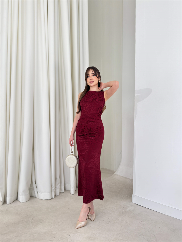 Yanları Drape Detaylı Sıfır Kol Midi Boy Bordo Aidenn Kadın Elbise 26Y134