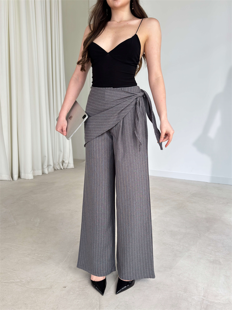 Desenli Belden Bağlamalı Ailfia Gri Kadın Pantolon 26Y144