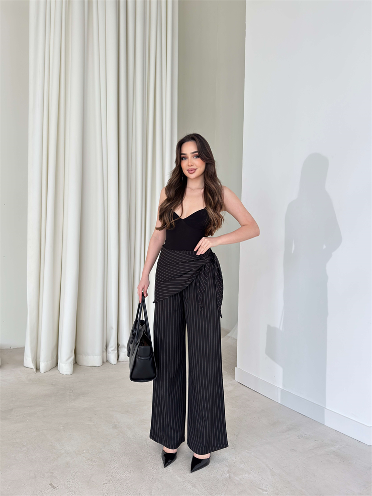 Desenli Belden Bağlamalı Ailfia Siyah Kadın Pantolon 26Y144