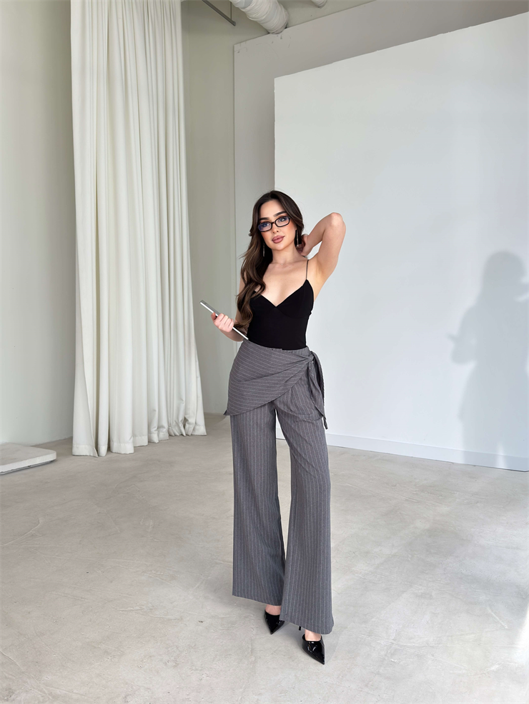 Desenli Belden Bağlamalı Ailfia Gri Kadın Pantolon 26Y144