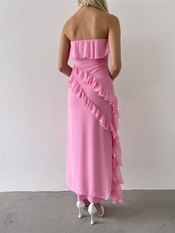 Straplez Fırfır Detaylı Aipo Kadın Pembe Şifon Elbise 23Y000400