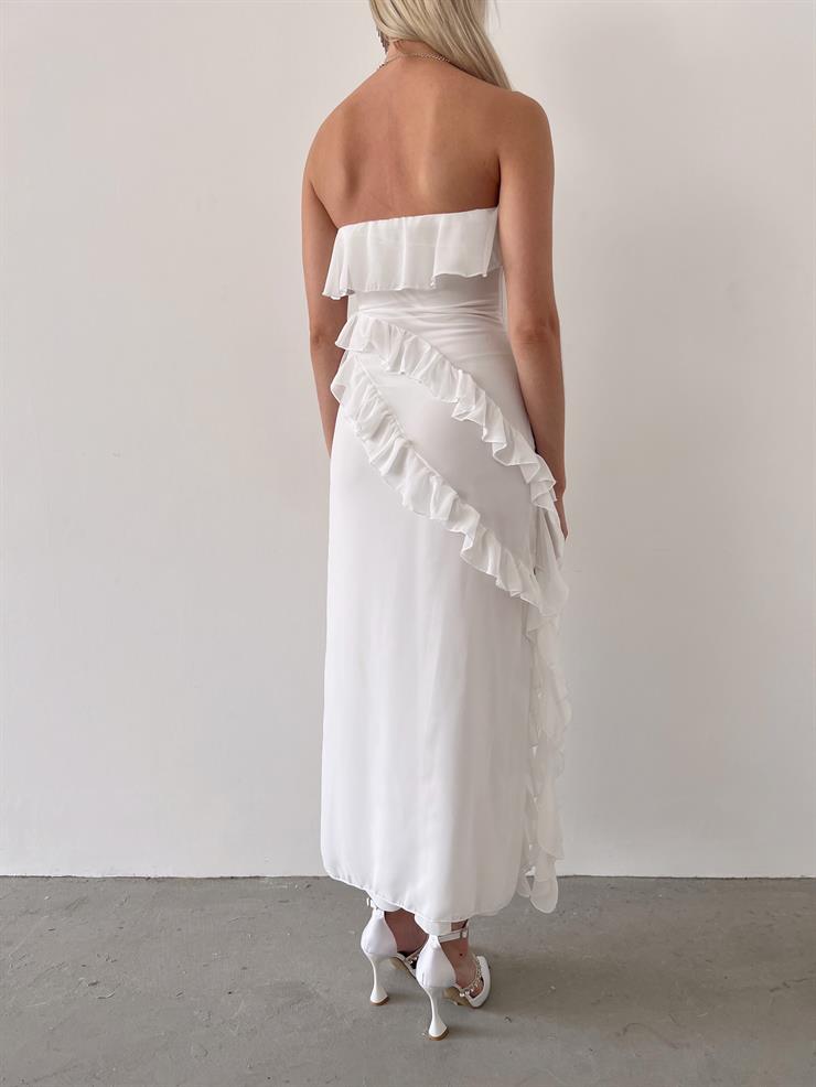 Straplez Fırfır Detaylı Aipo Kadın Beyaz Şifon Elbise 23Y000400