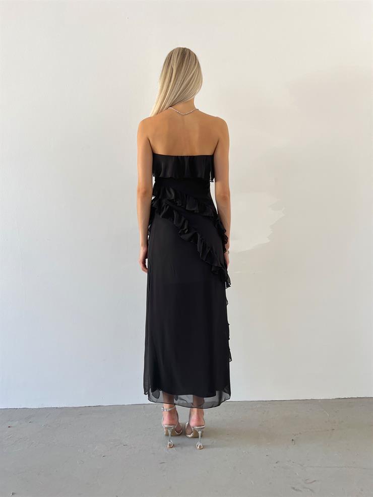 Straplez Fırfır Detaylı Aipo Kadın Siyah Şifon Elbise 23Y000400