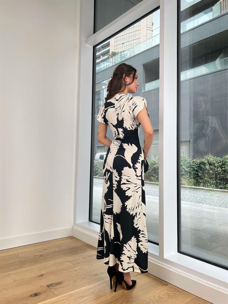 Önü Fermuarlı Drapeli Aivis Kadın Siyah Desenli Elbise 24Y231