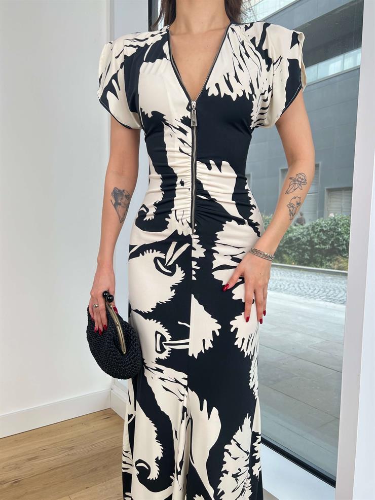 Önü Fermuarlı Drapeli Aivis Kadın Siyah Desenli Elbise 24Y231