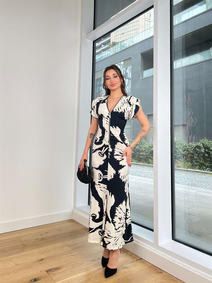 Önü Fermuarlı Drapeli Aivis Kadın Siyah Desenli Elbise 24Y231