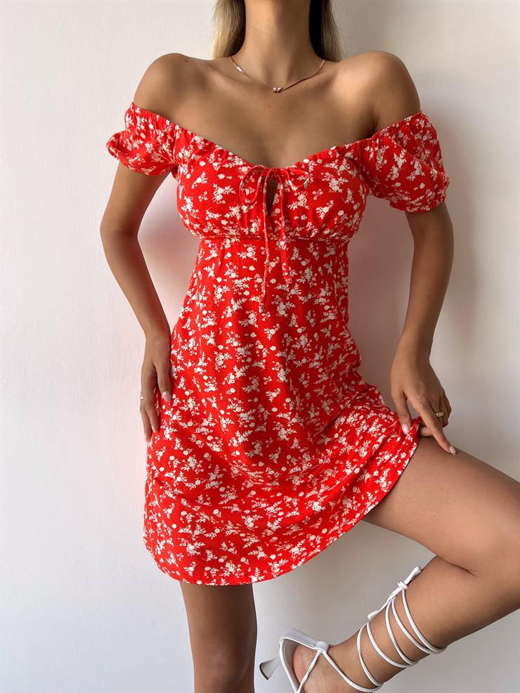 Önü Bağlamalı Kısa Kollu Akel Kadın Çiçekli Kırmızı Mini Elbise 23Y000354