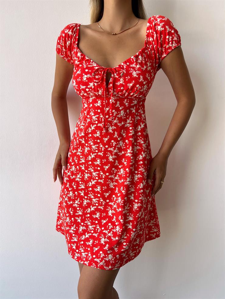Önü Bağlamalı Kısa Kollu Akel Kadın Çiçekli Kırmızı Mini Elbise 23Y000354