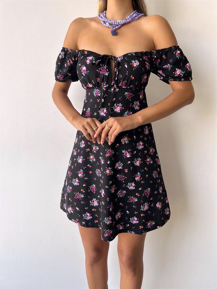 Önü Bağlamalı Kısa Kollu Akel Kadın Çiçekli Siyah Mini Elbise 23Y000354