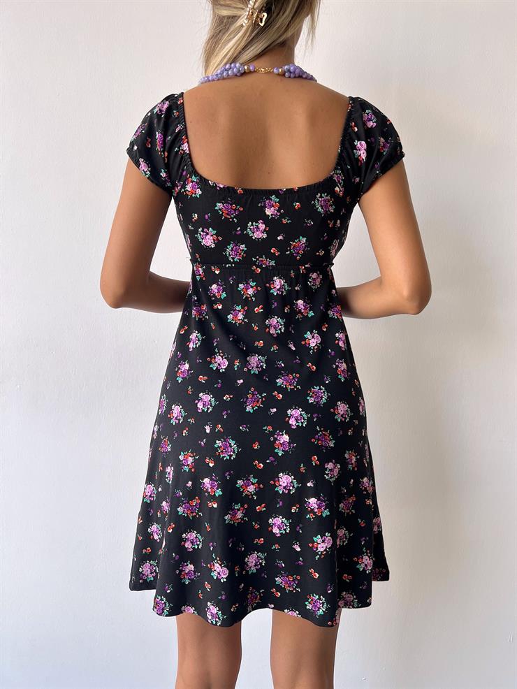 Önü Bağlamalı Kısa Kollu Akel Kadın Çiçekli Siyah Mini Elbise 23Y000354