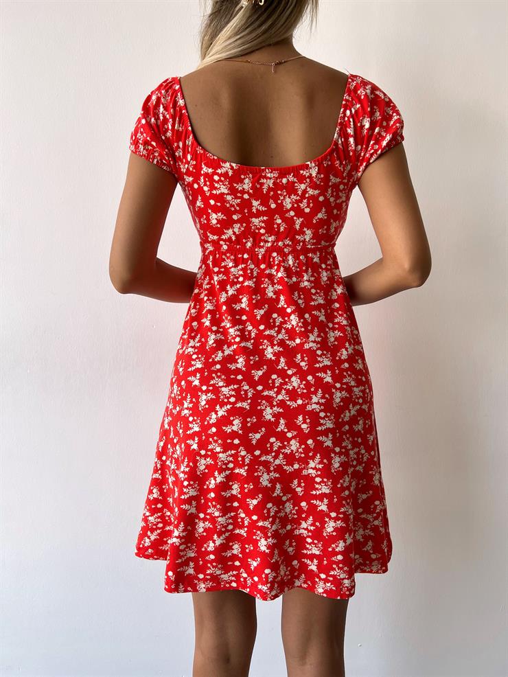Önü Bağlamalı Kısa Kollu Akel Kadın Çiçekli Kırmızı Mini Elbise 23Y000354