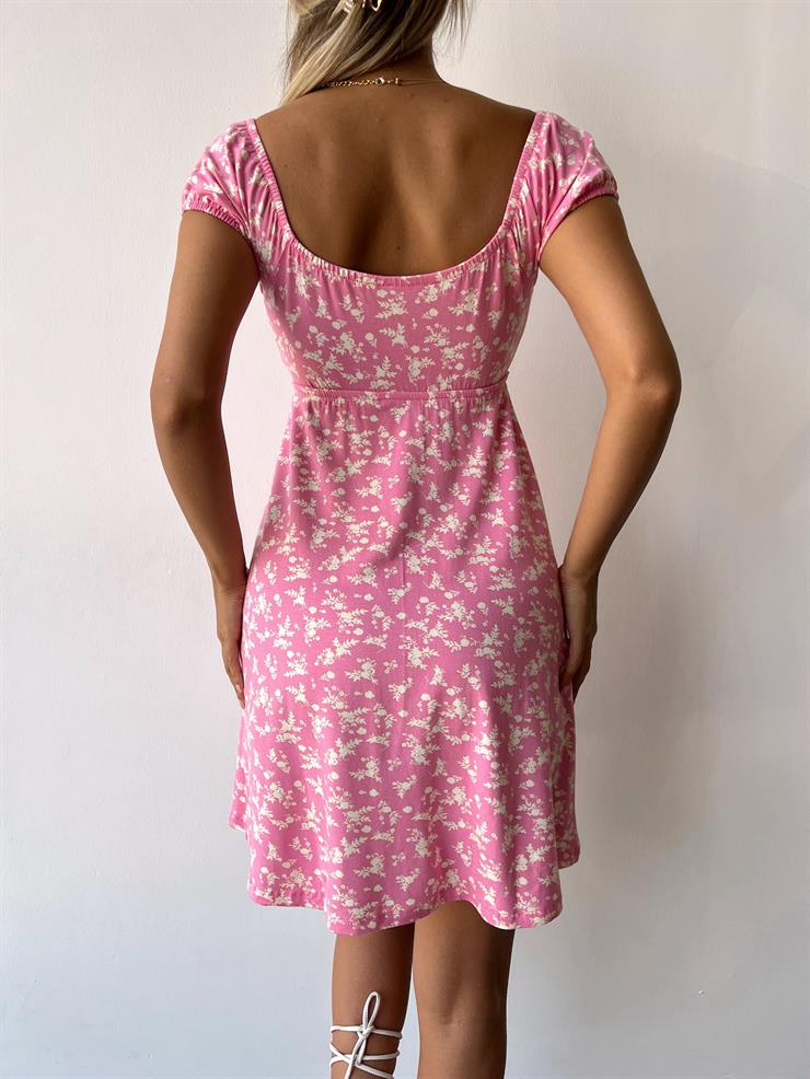 Önü Bağlamalı Kısa Kollu Akel Kadın Çiçekli Pembe Mini Elbise 23Y000354