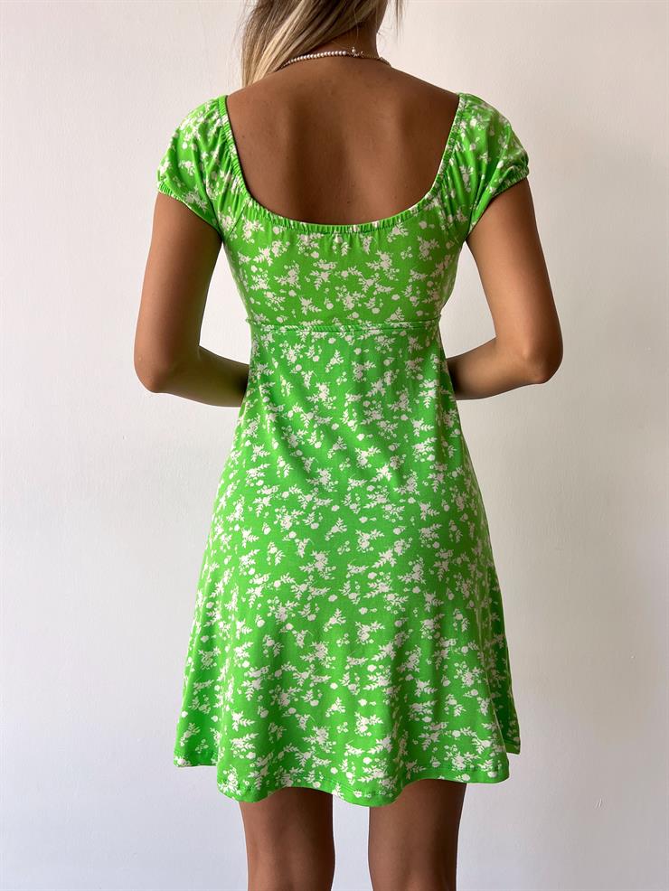 Önü Bağlamalı Kısa Kollu Akel Kadın Çiçekli Yeşil Mini Elbise 23Y000354