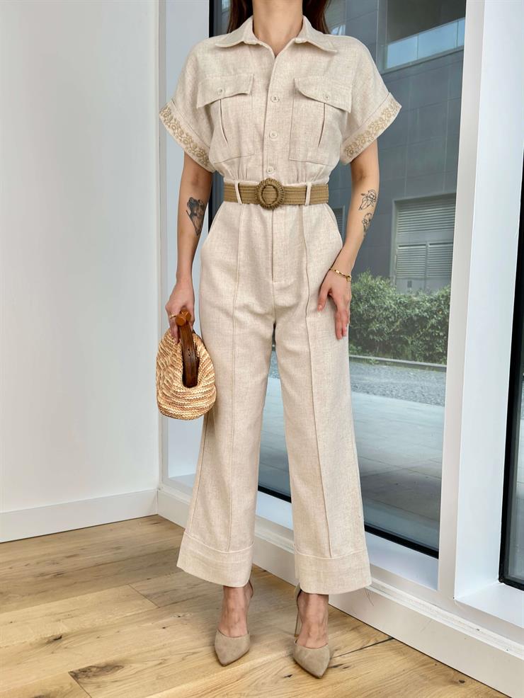 Kısa Kol Önü Düğmeli Beli Kemerli Bol Paça Akina Kadın Natural Tulum 24Y386