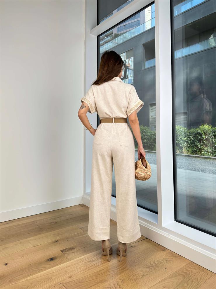 Kısa Kol Önü Düğmeli Beli Kemerli Bol Paça Akina Kadın Natural Tulum 24Y386