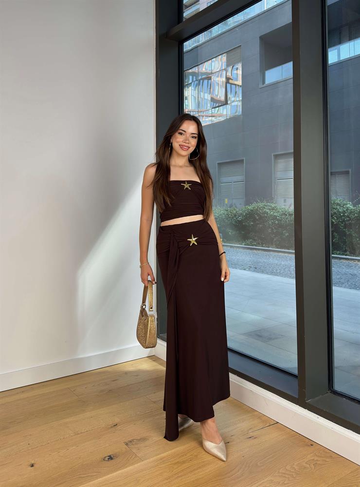 Aksesuar Detaylı Straplez Yaka Eppil Kahve İkili Kadın Takım 25Y546