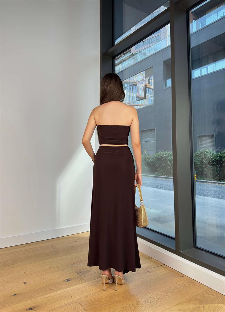 Aksesuar Detaylı Straplez Yaka Eppil Kahve İkili Kadın Takım 25Y546