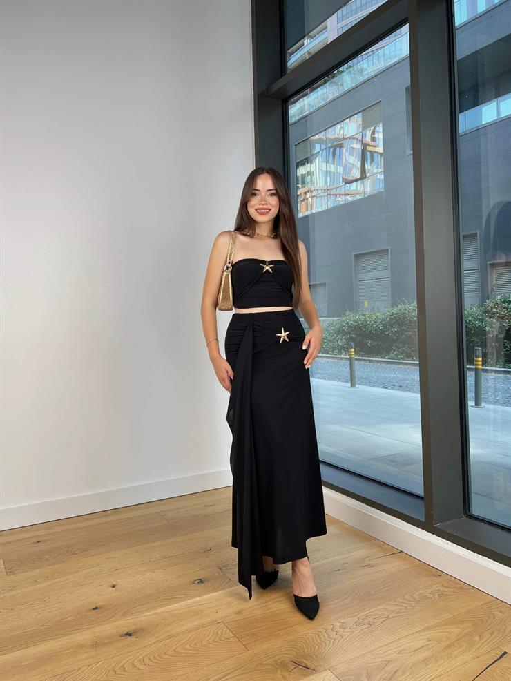 Aksesuar Detaylı Straplez Yaka Eppil Siyah İkili Kadın Takım 25Y546