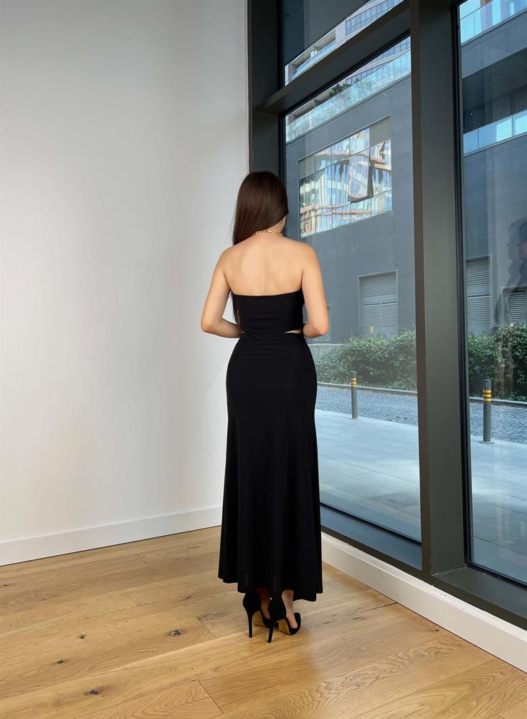 Aksesuar Detaylı Straplez Yaka Eppil Siyah İkili Kadın Takım 25Y546