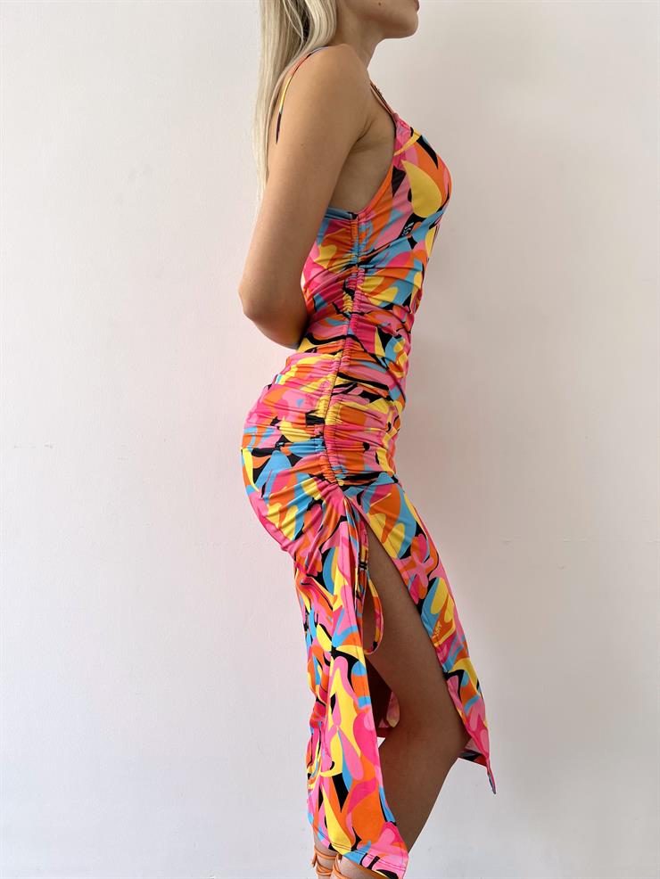 İnce Askılı Yanı Büzgü Detaylı Alanra Kadın Renkli Elbise 23Y000503