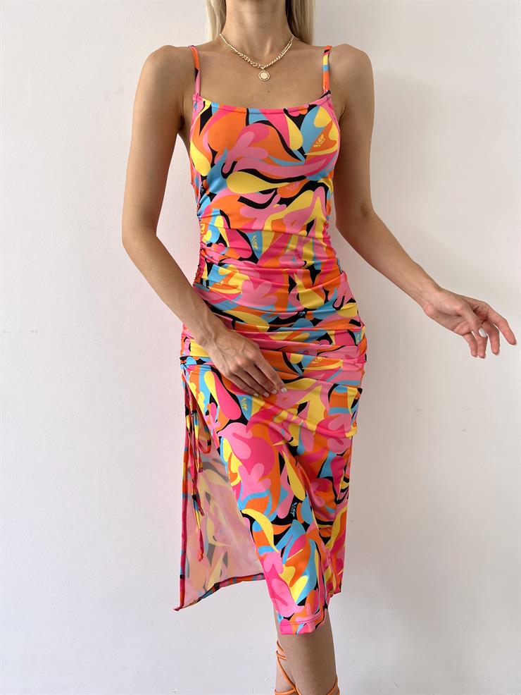 İnce Askılı Yanı Büzgü Detaylı Alanra Kadın Renkli Elbise 23Y000503