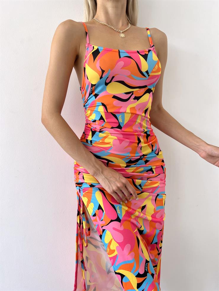 İnce Askılı Yanı Büzgü Detaylı Alanra Kadın Renkli Elbise 23Y000503