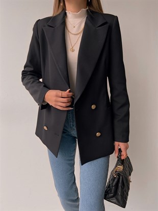 Kuruvaze Metal Düğmeli Alanzo Kadın Siyah Blazer Ceket 22K000490