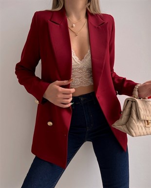 Kuruvaze Metal Düğmeli Alanzo Kadın Bordo Blazer Ceket 22K000490