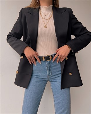 Kuruvaze Metal Düğmeli Alanzo Kadın Siyah Blazer Ceket 22K000490