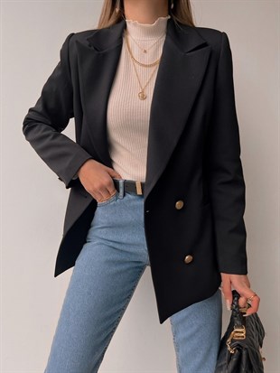 Kuruvaze Metal Düğmeli Alanzo Kadın Siyah Blazer Ceket 22K000490