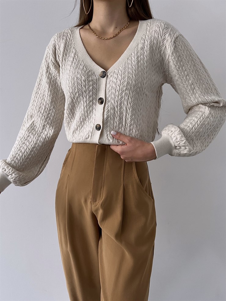 V Yaka Ön Düğme Kapamalı Alaska Kadın Taş Hırka 23K000290