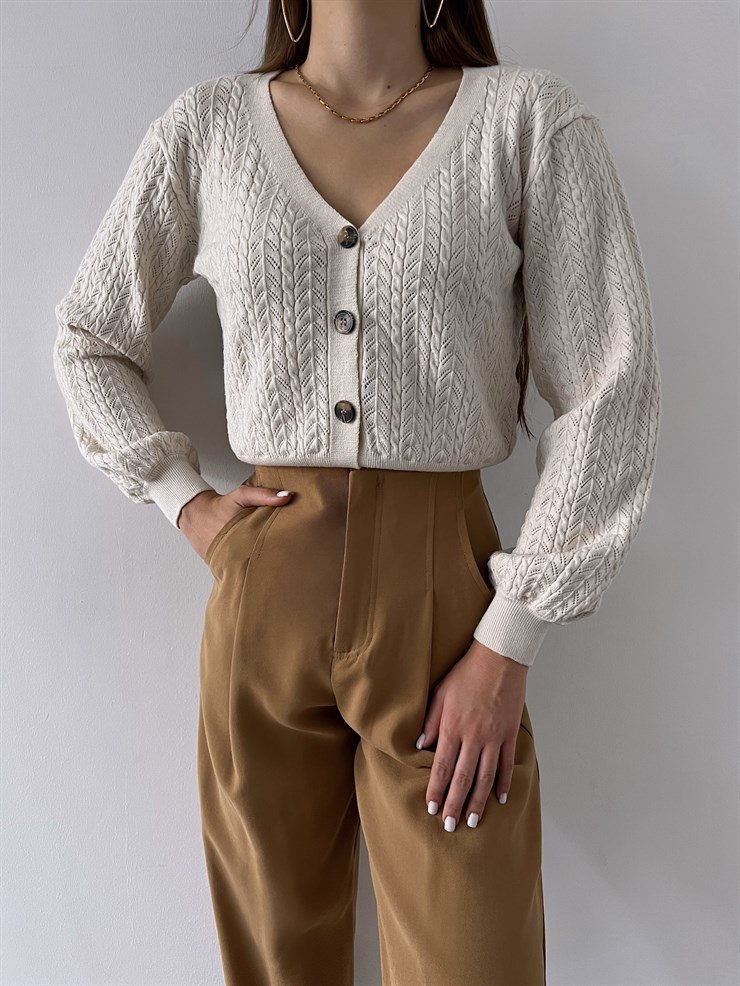 V Yaka Ön Düğme Kapamalı Alaska Kadın Taş Hırka 23K000290