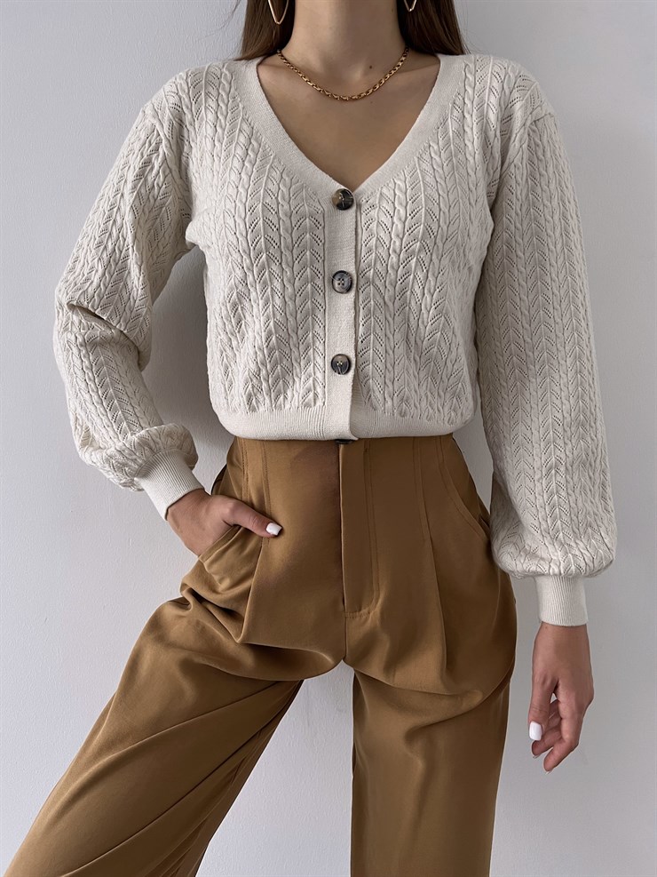 V Yaka Ön Düğme Kapamalı Alaska Kadın Taş Hırka 23K000290