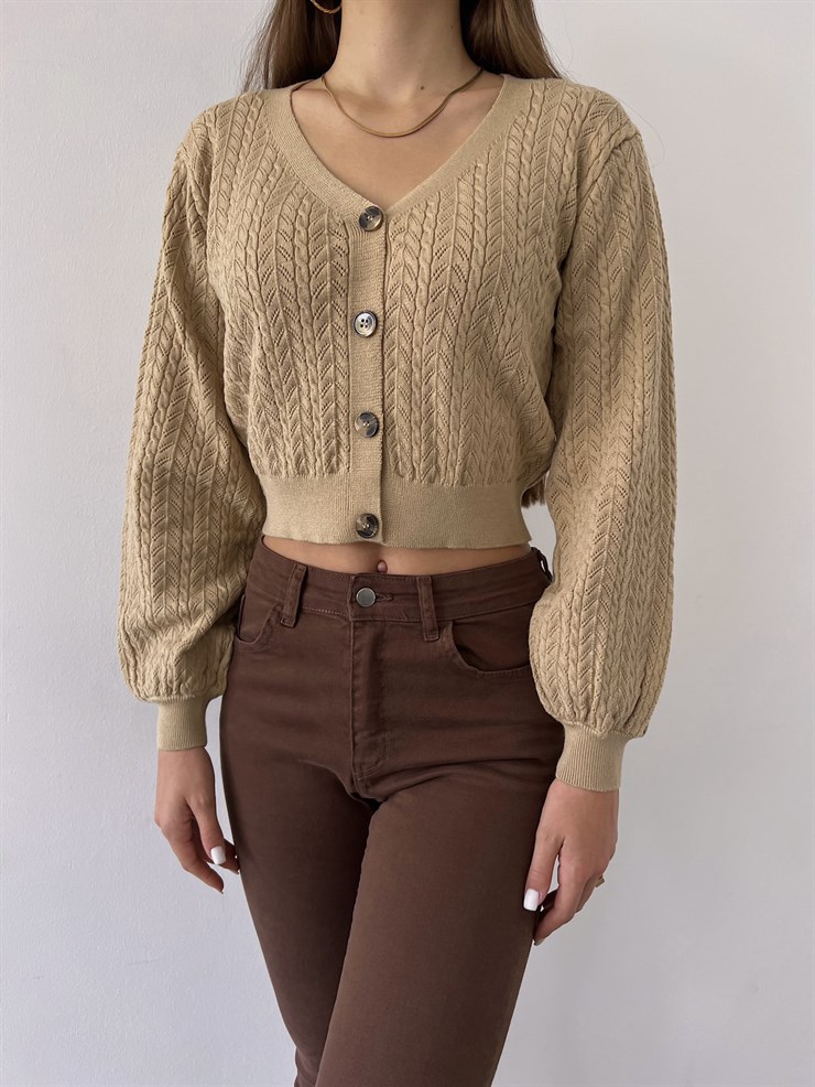 V Yaka Ön Düğme Kapamalı Alaska Kadın Camel Hırka 23K000290