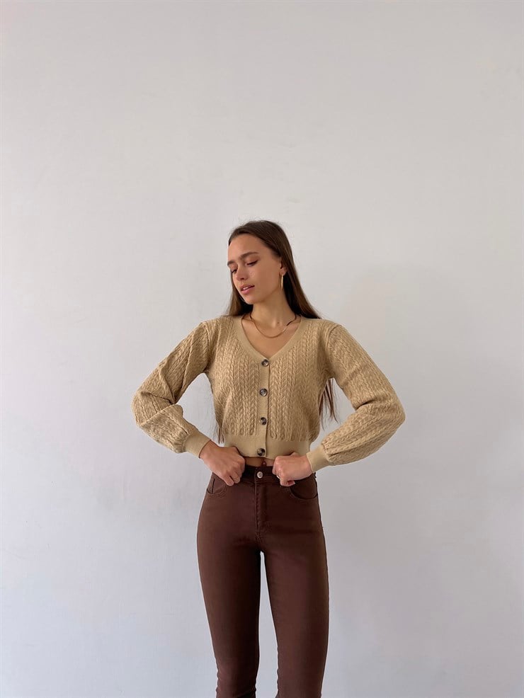 V Yaka Ön Düğme Kapamalı Alaska Kadın Camel Hırka 23K000290