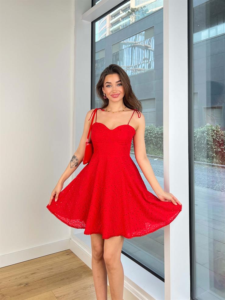 İp Askılı Kalp Yaka Alber Kadın Kırmızı Mini Elbise 24Y653