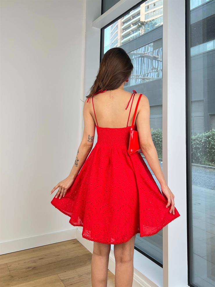 İp Askılı Kalp Yaka Alber Kadın Kırmızı Mini Elbise 24Y653