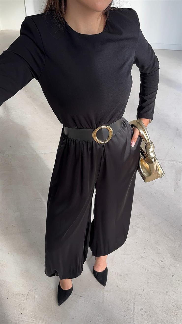 Paçası Düğmeli Kemerli Vatkalı Altı Saten Albert Siyah Kadın Tulum 26K205