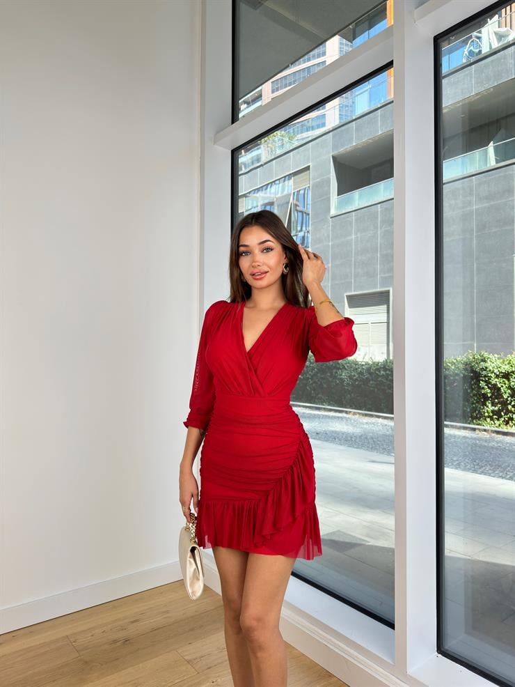 Kruvaze Yaka Drapeli Etek Kısmı Fırfırlı Albertina Kadın Bordo Mini Elbise 24Y839