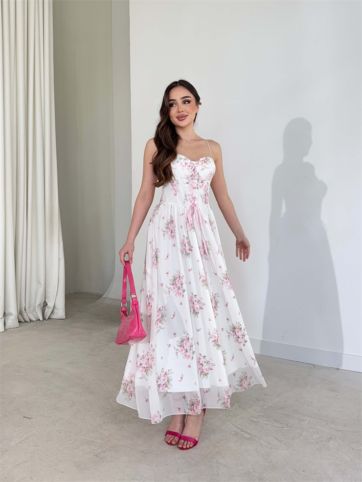 İnce Askılı İp Detaylı Desenli Albinia Ekru Kadın Elbise 26Y146