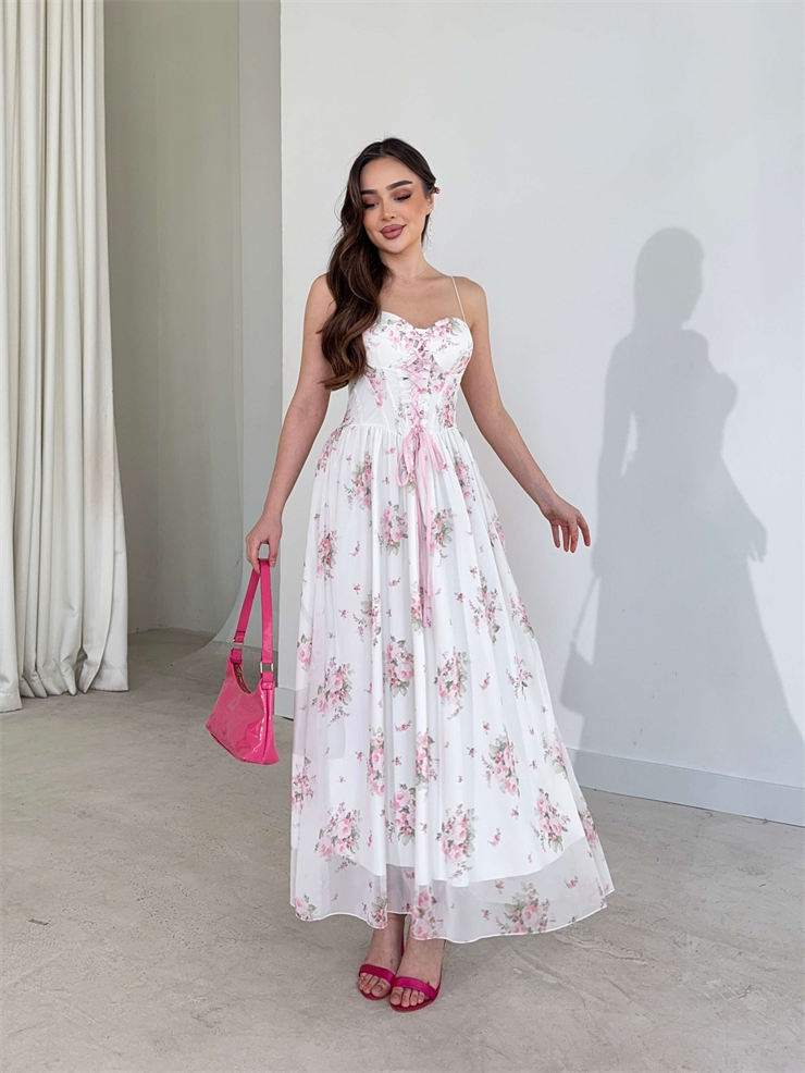 İnce Askılı İp Detaylı Desenli Albinia Ekru Kadın Elbise 26Y146